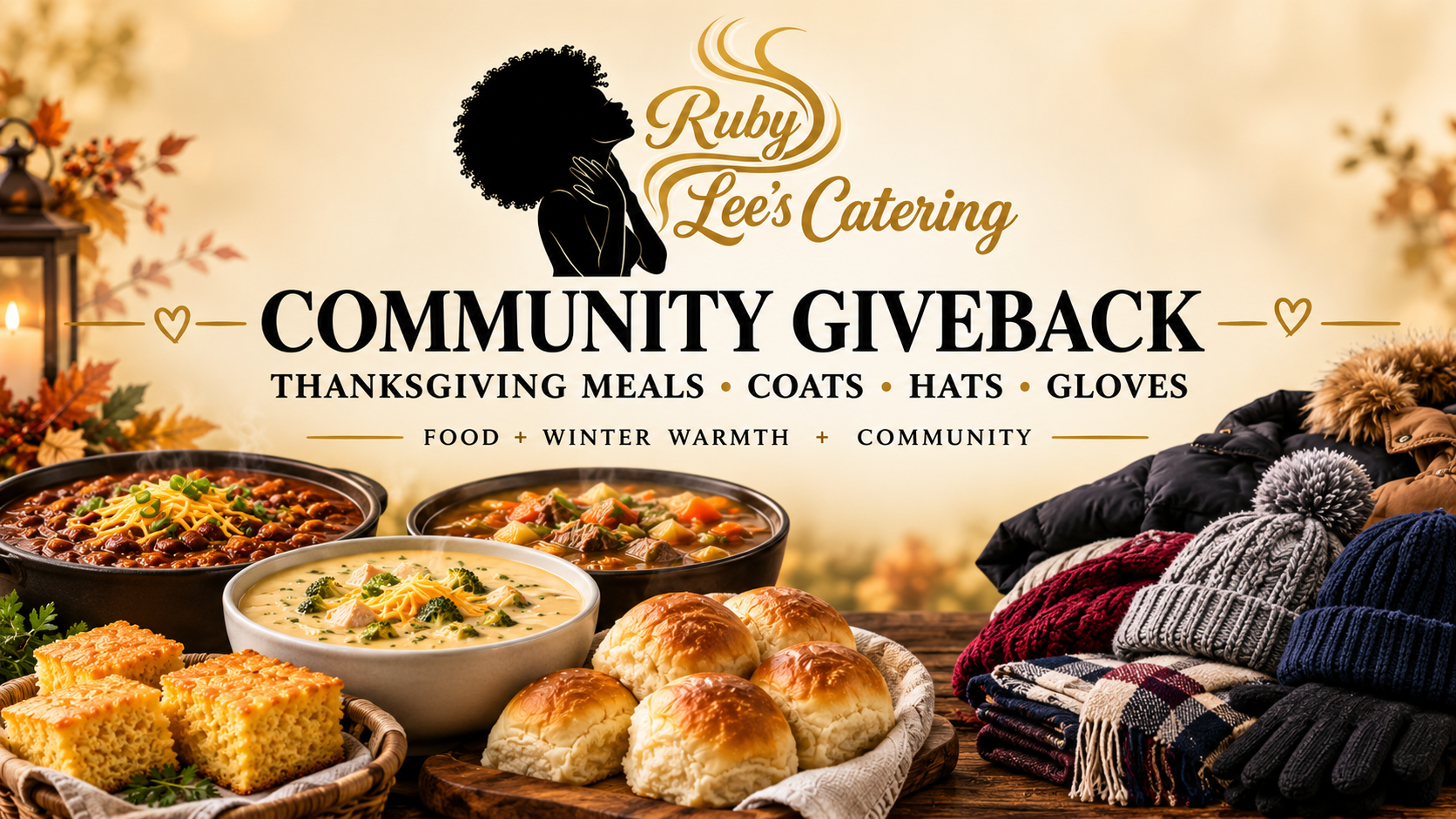 Ruby Lee's Catering Community Giveback offering Thanksgiving meals, coats, hats, and gloves